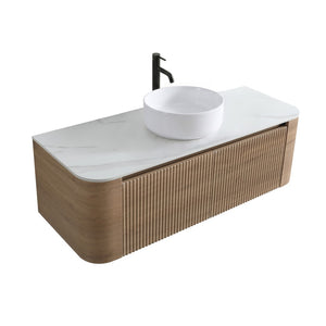 English Elm Erba Fluted Wall Mounted Bathroom Vanity with Ceramic Sink and Soft Close Drawer Honey Oak W1865S00308