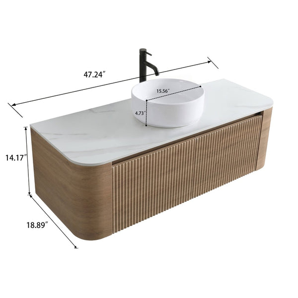 English Elm Erba Fluted Wall Mounted Bathroom Vanity with Ceramic Sink and Soft Close Drawer Honey Oak W1865S00308