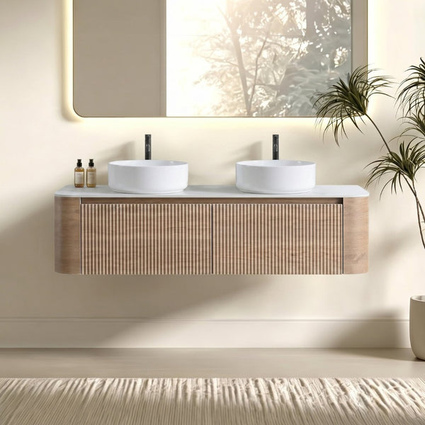 English Elm Erba 60 Inch Fluted Double Sink Vanity Sintered Stone Top Soft Close Drawers Honey Oak W1865S00309