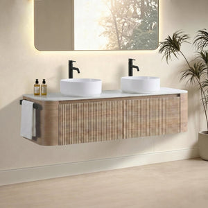 English Elm Erba 60 Inch Fluted Double Sink Vanity Sintered Stone Top Soft Close Drawers Honey Oak W1865S00309