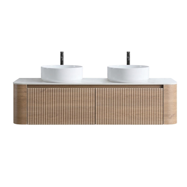 English Elm Erba 60 Inch Fluted Double Sink Vanity Sintered Stone Top Soft Close Drawers Honey Oak W1865S00309
