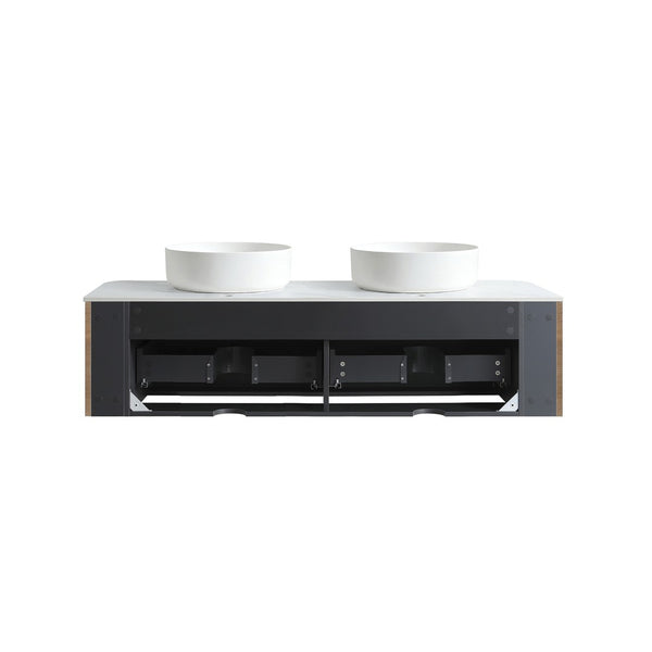English Elm Erba 60 Inch Fluted Double Sink Vanity Sintered Stone Top Soft Close Drawers Honey Oak W1865S00309