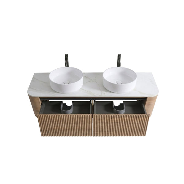 English Elm Erba 60 Inch Fluted Double Sink Vanity Sintered Stone Top Soft Close Drawers Honey Oak W1865S00309