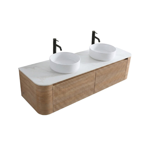 English Elm Erba 60 Inch Fluted Double Sink Vanity Sintered Stone Top Soft Close Drawers Honey Oak W1865S00309