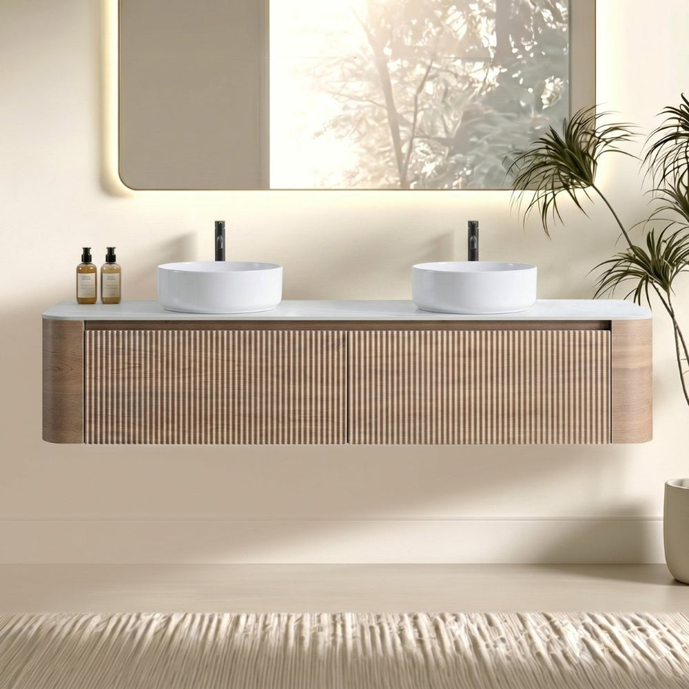 English Elm Erba 72 Inch Double Sink Bathroom Vanity Fluted Spa Design with Ceramic Basins Honey Oak W1865S00310