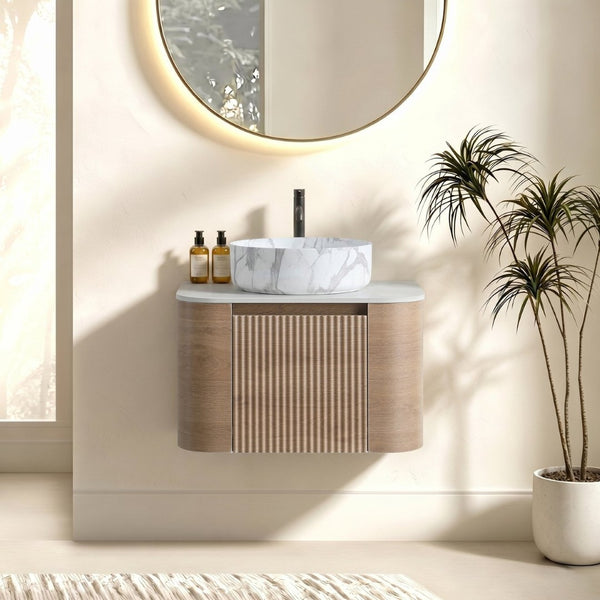 English Elm Erba 24 Inch Wall Mounted Vanity Fluted Cabinet with Ceramic Basin Spa Bathroom Honey Oak W1865S00311