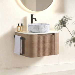 English Elm Erba 24 Inch Wall Mounted Vanity Fluted Cabinet with Ceramic Basin Spa Bathroom Honey Oak W1865S00311