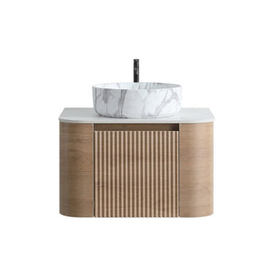 English Elm Erba 24 Inch Wall Mounted Vanity Fluted Cabinet with Ceramic Basin Spa Bathroom Honey Oak W1865S00311