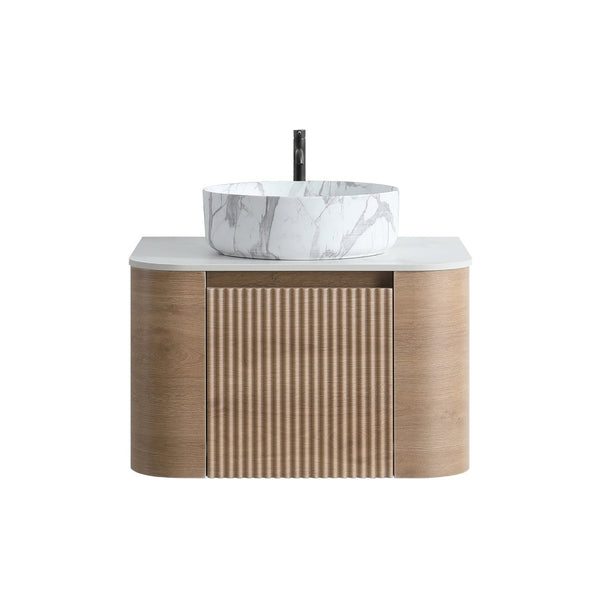 English Elm Erba 24 Inch Wall Mounted Vanity Fluted Cabinet with Ceramic Basin Spa Bathroom Honey Oak W1865S00311