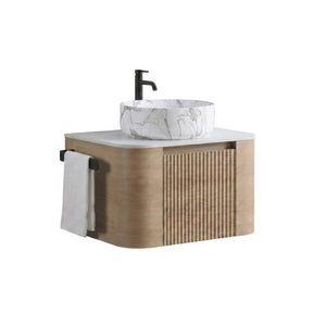 English Elm Erba 24 Inch Wall Mounted Vanity Fluted Cabinet with Ceramic Basin Spa Bathroom Honey Oak W1865S00311