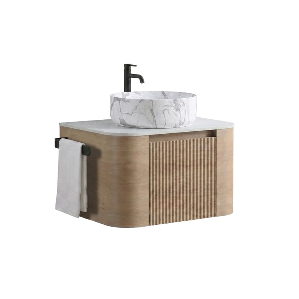 English Elm Erba 24 Inch Wall Mounted Vanity Fluted Cabinet with Ceramic Basin Spa Bathroom Honey Oak W1865S00311
