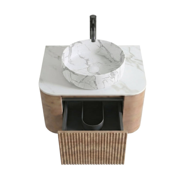 English Elm Erba 24 Inch Wall Mounted Vanity Fluted Cabinet with Ceramic Basin Spa Bathroom Honey Oak W1865S00311