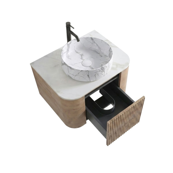 English Elm Erba 24 Inch Wall Mounted Vanity Fluted Cabinet with Ceramic Basin Spa Bathroom Honey Oak W1865S00311