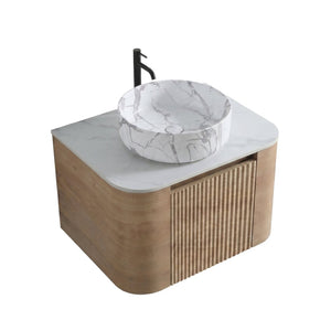 English Elm Erba 24 Inch Wall Mounted Vanity Fluted Cabinet with Ceramic Basin Spa Bathroom Honey Oak W1865S00311