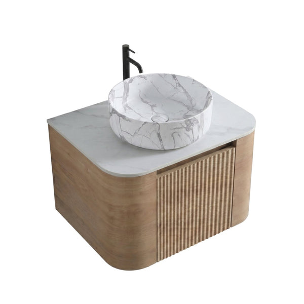 English Elm Erba 24 Inch Wall Mounted Vanity Fluted Cabinet with Ceramic Basin Spa Bathroom Honey Oak W1865S00311