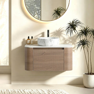 English Elm Erba 30 Inch Fluted Wall Mount Bathroom Vanity with Ceramic Basin and Towel Rack Honey Oak W1865S00312