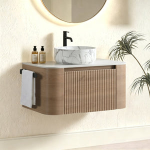 English Elm Erba 30 Inch Fluted Wall Mount Bathroom Vanity with Ceramic Basin and Towel Rack Honey Oak W1865S00312