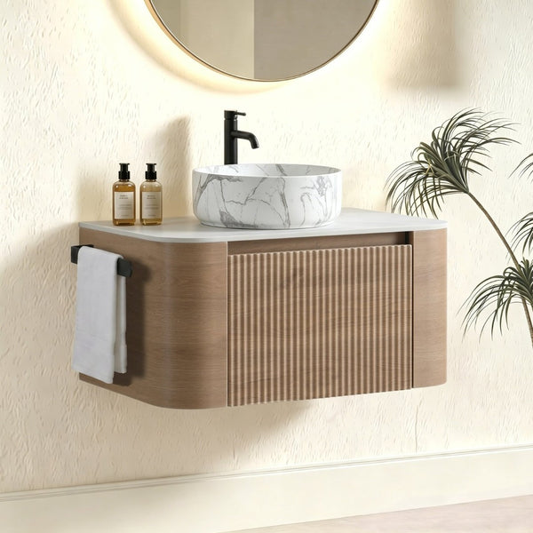 English Elm Erba 30 Inch Fluted Wall Mount Bathroom Vanity with Ceramic Basin and Towel Rack Honey Oak W1865S00312