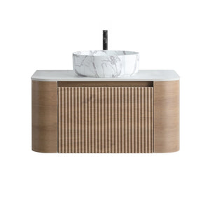 English Elm Erba 30 Inch Fluted Wall Mount Bathroom Vanity with Ceramic Basin and Towel Rack Honey Oak W1865S00312