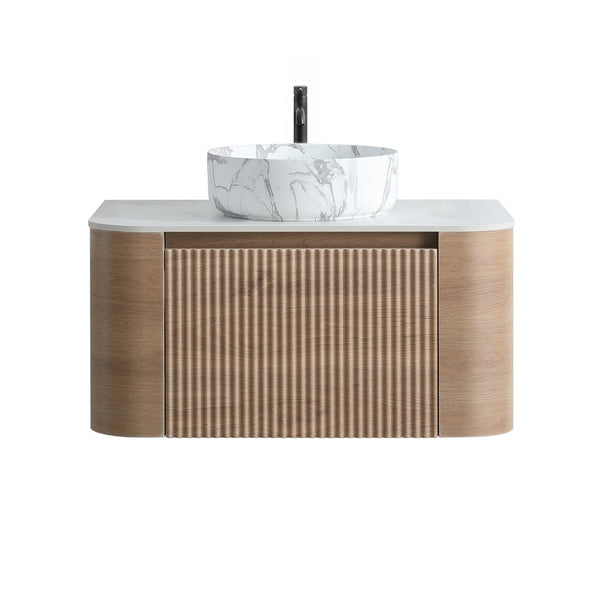 English Elm Erba 30 Inch Fluted Wall Mount Bathroom Vanity with Ceramic Basin and Towel Rack Honey Oak W1865S00312