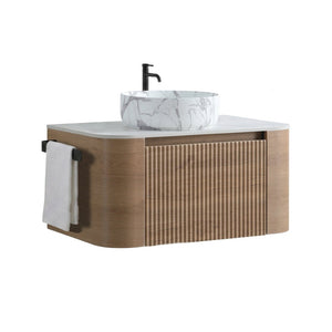 English Elm Erba 30 Inch Fluted Wall Mount Bathroom Vanity with Ceramic Basin and Towel Rack Honey Oak W1865S00312
