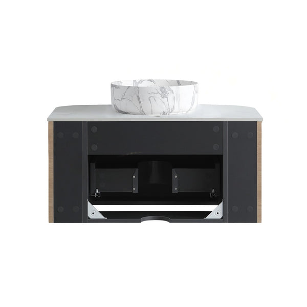 English Elm Erba 30 Inch Fluted Wall Mount Bathroom Vanity with Ceramic Basin and Towel Rack Honey Oak W1865S00312