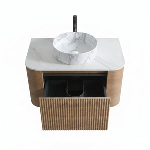 English Elm Erba 30 Inch Fluted Wall Mount Bathroom Vanity with Ceramic Basin and Towel Rack Honey Oak W1865S00312