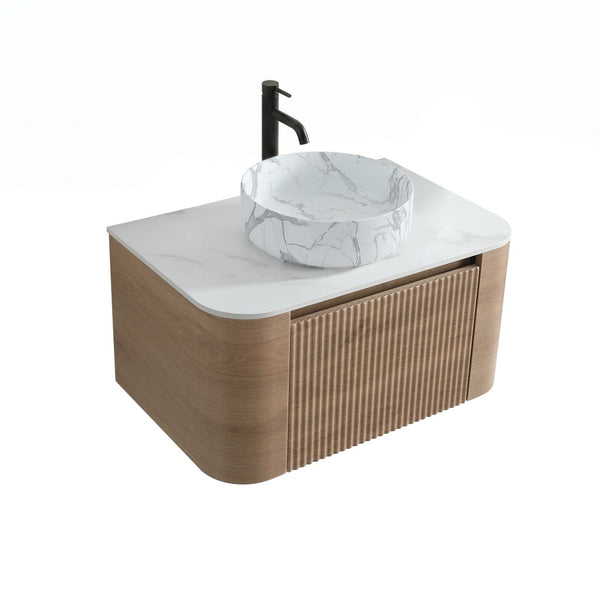 English Elm Erba 30 Inch Fluted Wall Mount Bathroom Vanity with Ceramic Basin and Towel Rack Honey Oak W1865S00312