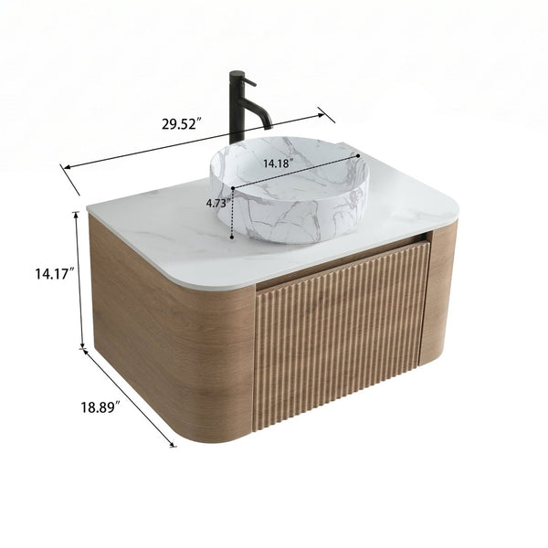 English Elm Erba 30 Inch Fluted Wall Mount Bathroom Vanity with Ceramic Basin and Towel Rack Honey Oak W1865S00312