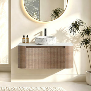 English Elm Erba 36 Inch Fluted Bathroom Vanity with Carrara Ceramic Basin and Towel Rack Honey Oak W1865S00313