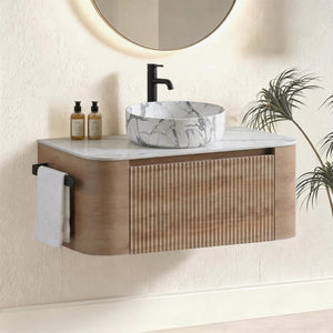 English Elm Erba 36 Inch Fluted Bathroom Vanity with Carrara Ceramic Basin and Towel Rack Honey Oak W1865S00313