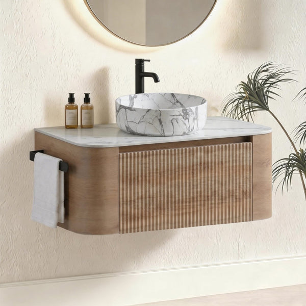 English Elm Erba 36 Inch Fluted Bathroom Vanity with Carrara Ceramic Basin and Towel Rack Honey Oak W1865S00313