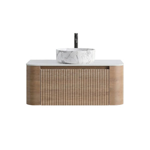 English Elm Erba 36 Inch Fluted Bathroom Vanity with Carrara Ceramic Basin and Towel Rack Honey Oak W1865S00313