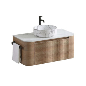 English Elm Erba 36 Inch Fluted Bathroom Vanity with Carrara Ceramic Basin and Towel Rack Honey Oak W1865S00313