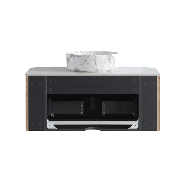 English Elm Erba 36 Inch Fluted Bathroom Vanity with Carrara Ceramic Basin and Towel Rack Honey Oak W1865S00313