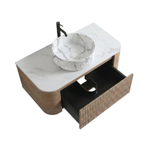 English Elm Erba 36 Inch Fluted Bathroom Vanity with Carrara Ceramic Basin and Towel Rack Honey Oak W1865S00313