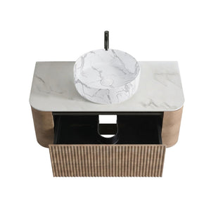 English Elm Erba 36 Inch Fluted Bathroom Vanity with Carrara Ceramic Basin and Towel Rack Honey Oak W1865S00313