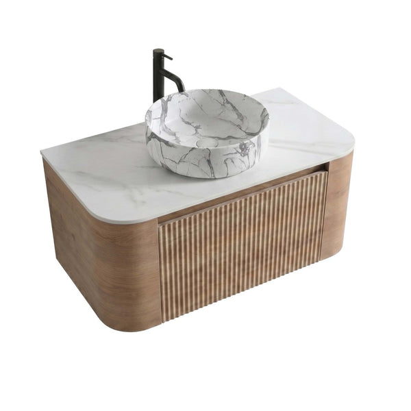 English Elm Erba 36 Inch Fluted Bathroom Vanity with Carrara Ceramic Basin and Towel Rack Honey Oak W1865S00313