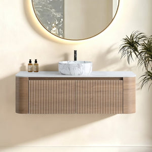 English Elm Erba 48 Inch Wall Mounted Bathroom Vanity Fluted Spa Cabinet with Ceramic Vessel Sink Honey Oak W1865S00314