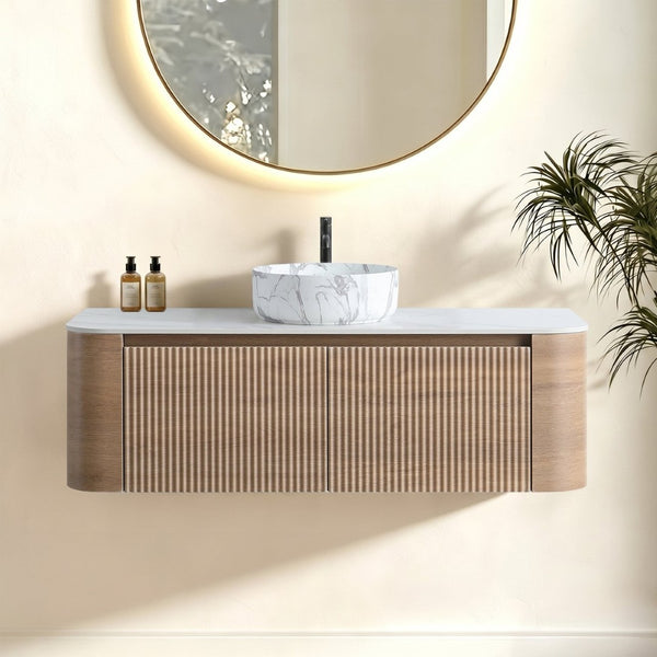 English Elm Erba 48 Inch Wall Mounted Bathroom Vanity Fluted Spa Cabinet with Ceramic Vessel Sink Honey Oak W1865S00314