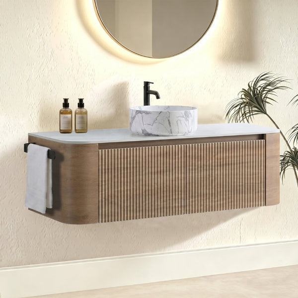 English Elm Erba 48 Inch Wall Mounted Bathroom Vanity Fluted Spa Cabinet with Ceramic Vessel Sink Honey Oak W1865S00314