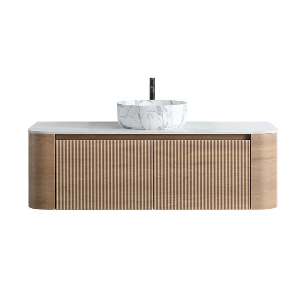 English Elm Erba 48 Inch Wall Mounted Bathroom Vanity Fluted Spa Cabinet with Ceramic Vessel Sink Honey Oak W1865S00314