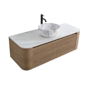 English Elm Erba 48 Inch Wall Mounted Bathroom Vanity Fluted Spa Cabinet with Ceramic Vessel Sink Honey Oak W1865S00314