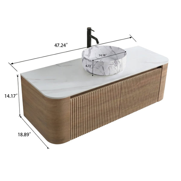 English Elm Erba 48 Inch Wall Mounted Bathroom Vanity Fluted Spa Cabinet with Ceramic Vessel Sink Honey Oak W1865S00314