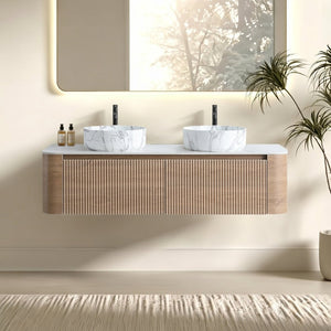 English Elm Erba 60 Inch Double Sink Bathroom Vanity Fluted Doors Sintered Stone Spa Design Honey Oak W1865S00315