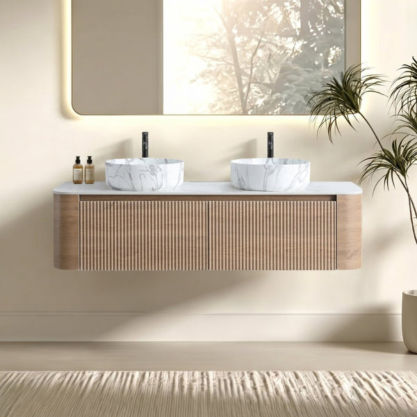 English Elm Erba 60 Inch Double Sink Bathroom Vanity Fluted Doors Sintered Stone Spa Design Honey Oak W1865S00315