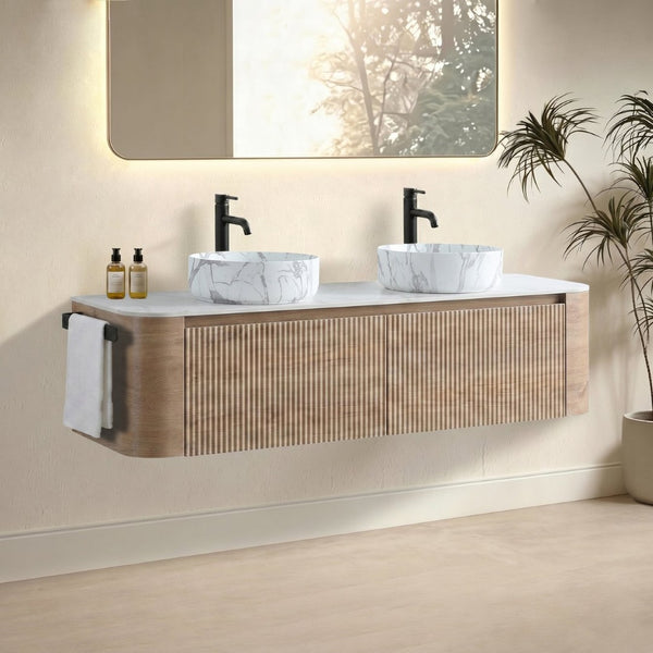 English Elm Erba 60 Inch Double Sink Bathroom Vanity Fluted Doors Sintered Stone Spa Design Honey Oak W1865S00315