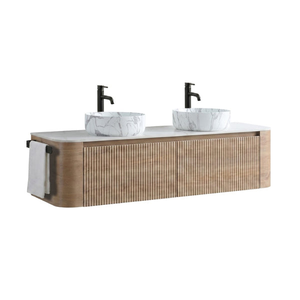 English Elm Erba 60 Inch Double Sink Bathroom Vanity Fluted Doors Sintered Stone Spa Design Honey Oak W1865S00315