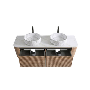 English Elm Erba 60 Inch Double Sink Bathroom Vanity Fluted Doors Sintered Stone Spa Design Honey Oak W1865S00315