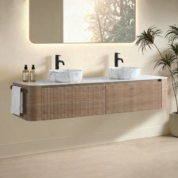 English Elm Erba 72 Inch Double Sink Bathroom Vanity Fluted Spa Design with Sintered Stone Top Honey Oak W1865S00316